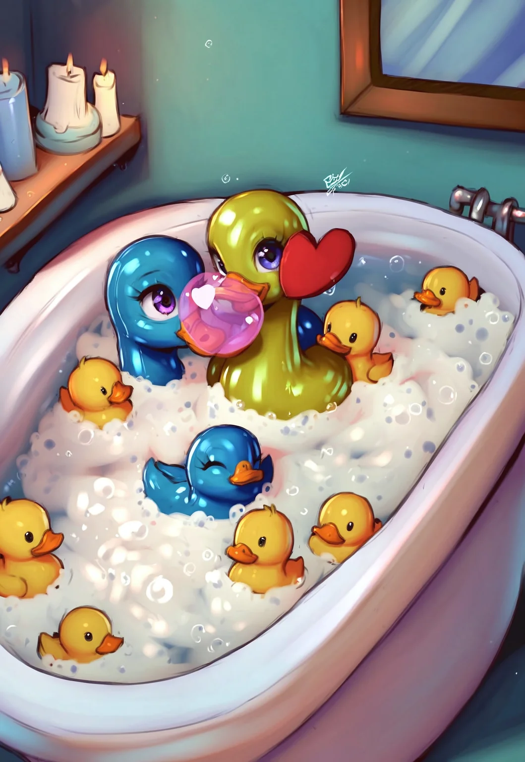 (masterpiece:1.3),(best quality:1.4), HI-RES, HDR,8k resolution, score_9, score_8_up, score_7_up, score_6_up, score_5_up, (2 ducks:1.3), (2 rubber ducks:1.4), (Only rubber ducks:1.3), (no people:1.2), bathroom, large bathtub, water filled bathtub, foam, bubbles, (heart shaped bubbles:1.3), candles, (2 rubber ducks:1.4), (rubber ducks kissing:1.2), (rubber ducks nuzzeling:1.5),