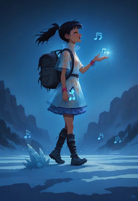 (masterpiece, best quality, high quality, good quality), 1girl, solo, petite, twintails, raincoat, backpack, frilled skirt, rubber boots, blue sky, walking, on cloud, happy, humming, musical note, rainbow, sparkle, sunlight, bird, full body, pastel colors, colorful
,FFAnime Style, fr0stwrld, snow, ice sinozick style