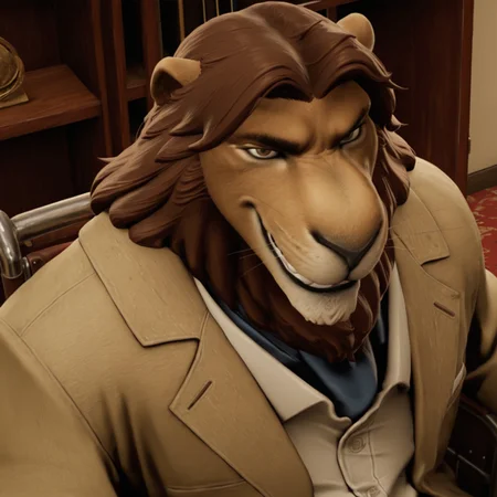 score_9, score_8_up, score_8, masterpiece, best quality, amazing quality, very aesthetic, absurdres, newest, high quality, perfect anatomy, best anatomy, correct anatomy, detailed, solo, Thorpe, 1boy, furry male, brown hair, lion, whiskers, jacket, lion nose, lion ears, facial hair, formal, white collared shirt, blue undershirt, pants, black shoes, fur, thick eyebrows, wheelchair, brown eyes, long hair, older male, desk, bookcase. sitting in wheelchair, smug, evil grin, looking at viewer, toothy smile, evil, cg, render, 