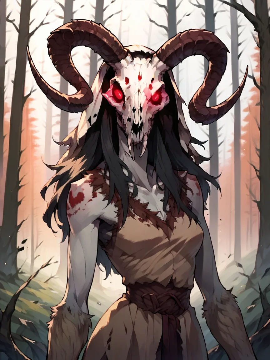 score_9, score_8_up, score_7_up, score_6_up, score_5_up, <lora:wendigoXLP:1> wendigo, horns, 1girl, animal skull, monster, no humans, solo, red eyes, forest,
