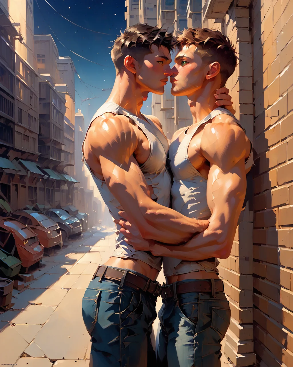 1score_9, score_8_up, score_7_up, intricate details,
<lora:Digital_Dynamic_Oils_or_whatever_this_is_called-000009:1>,
1boy(human, young man, slender, handsome, black hair, green eyes, sleeveless white undershirt:1.5, skinny jeans with low waistline, pants, sleeveless undershirt, round ass,
looking at the viewer, grinning, cowboy shot), inner city alley, narrow, graffiti, grime, high buildings, at night, moonlit, starry sky, depth of field, detailed background,
<lora:ral-chrosc-clr:0.8>, ral-chrosc-clr,
<lora:xl_more_art-full_v1:0.4>,
<lora:add-detail-xl:0.4>