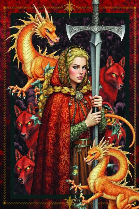 jole1 illustration.
A woman with long, blonde hair styled in intricate braids. She wears an ornate, fiery red cloak adorned with intricate gold patterns, which contrasts vividly against her pale skin. The cloak covers her head, revealing only her face, which appears stern and focused. She is carrying a battle ax. There are two small dragons hovering around her. There are red wolves with glowing eyes in the background. <lora:jole1_cap_d6a3e12:1.0><lora:825853045150680975:0>