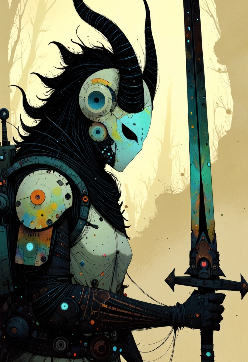 in the style of ppWhimsy, ral-frctlgmtry, ppstorybook,A apoclypse surreal cyberpunk setting under a gritty bleaked beige and blue-turqoise misty desert sunset, a Closeup Portrait of an eerie horned hkgod sci-fi shinobi nun-scout with billowing octopus backpack in a sandstorm, their holographic crystalline mask glinting like shattered rainbows. Iridescent black amber teal energy veins pulse across their form. The atmosphere is thick with heat distortion, glowing particles floating in the air. dark atmospheric lighting, white cybernetic armor. Wielding a massive sss great sword with intricate translucent engravings, hknuns
<lora:pp-enchanted-whimsy:0.7> <lora:ral-frctlgmtry_flux:0.7> <lora:pp-storybook_rank2_bf16:0.8>