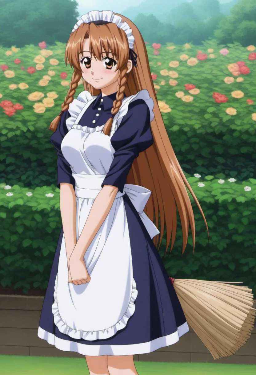 1girl,solo,masterpiece,best quality,good quality,newest,
outdoors,
blush, closed mouth, smile, looking at viewer,
solo,medium breasts,
2000s (style),anime screencap,
karyuin_tomoe (kaen seibo: the virgin on megiddo),1girl,brown hair,hairband,braids sidelocks,long hair,brown eyes,very long hair,
long hair,brown eyes,
standing,
standing, maid,apron,v arms, holding broom, flower garden,