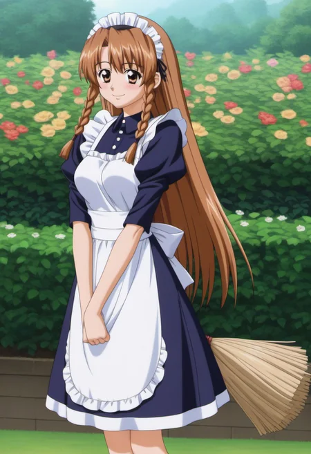 1girl,solo,masterpiece,best quality,good quality,newest,
outdoors,
blush, closed mouth, smile, looking at viewer,
solo,medium breasts,
2000s (style),anime screencap,
karyuin_tomoe (kaen seibo: the virgin on megiddo),1girl,brown hair,hairband,braids sidelocks,long hair,brown eyes,very long hair,
long hair,brown eyes,
standing,
standing, maid,apron,v arms, holding broom, flower garden,