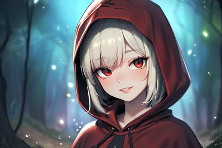 (masterpiece:1.4), 4K8K, (anime style), (high shutterspeed:1.4), (sharp edges), 
SyFyEye1, FanFo, upper body, 
woman leaning foward, smile, closed mouth, wearing red hooded cloak, linen dress, red eyes, 
(Detailed face, Detailed eyes, Detailed lips), (solo), 
Fantastic Forest at fantasy, Fantastic,