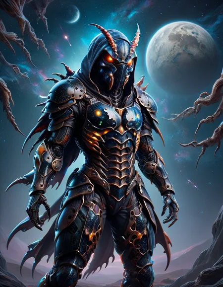 portrait, solo, (full body:0.6), looking up, detailed background, detailed face, warp, scifi, excessive energy, ulblackholetech theme:1.1), dark shadow-assassin, hidden truth, corruptor outfit, hood, colorful armour, ral-anmlsktn belt, dark ral-anmlsktn intent, creeping shadows, dynamic pose, specters in background, starry night sky, wind blowing, eerie calm, ominous atmosphere, made out of ral-anmlsktn <lora:ral-anmlsktn:1>