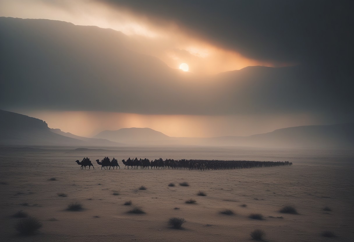 A vast caravan migrates through a barren desert valley, leading to a colossal weathered plain under a hazy sky, stony grays, a dense gray mist clogs the air with a soft ethereal glow,