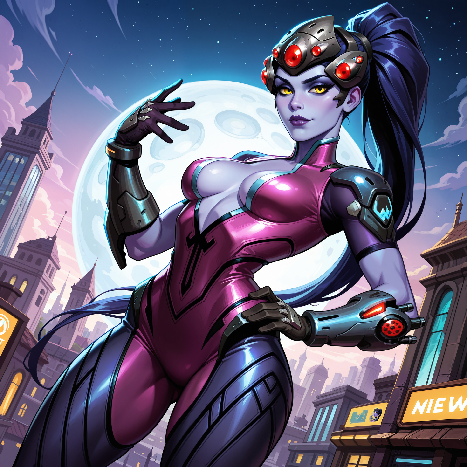2d, source_cartoon, western comics \(style\),

intricate detail,

eye contact:1.2, looking at viewer:1.25, dynamic angle, dynamic shot, fingers on lips, hand on hip, arched back, seductive pose,

BREAK

1girl, solo, widowmaker from overwatch, purple colored skin, yellow colored eyes,

fit body, almond shaped eyes, long eyelashes, medium breasts, small narrow waist, wide hips, thick thighs,

BREAK

widowmaker outfit, purple and black widowmaker outfit,

BREAK

detailed background, detailed scenery, outdoors, futuristic overwatch background, nighttime,