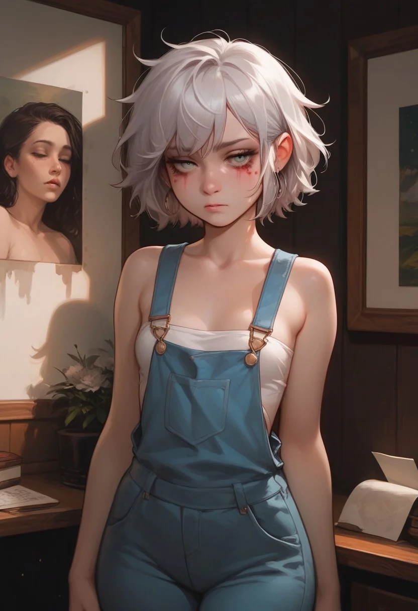 masterpiece, best quality, wallpaper, highly detailed, score_9, score_8_up, score_7_up, score_6_up, source_anime, (score_9, score_8_up, score_7_up), (vivid colours), g0thicPXL,
BREAK.
girl: 1 girl, silver hair, short messy hair, small boobs, shoulder length hair short, perfect body, big ass, sexy face,(tired face),dark circle under eyes,((standing in front of a canvas)),painting, with a brush and a palette of colors in her hand, ((with paint stains on her body and clothes)), white overalls,only use a white overalls, small breasts,thick thighs, big ass
BREAK.
motion lines,, inside the house, a white cozy room, warm light