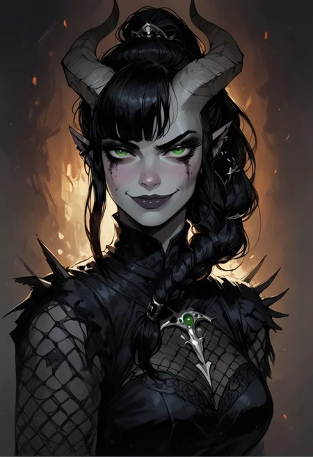 score_9, score_8_up, score_7_up, BREAK, 1woman portrait, beautiful, dramatic lights ((Succubus, Demon Girl, Succub, horns, seductive, seductive look, goth, goth girl, goth makeup, green eyes, wings, bat wings grey skin, grey colored skin, black hair, long braided ponytail, bangs, side bangs, happy, smug))
<lora:Fant5yP0ny:0.6> <lora:fantasy_world_pony:0.9>
<lora:Cherry-Gig:0.55>