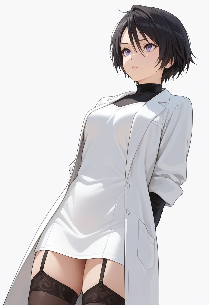 Smooth Quality,masterpiece,very intricate, high quality details, ultra realistic, high detailed skin,detailed enviorement,absurdres,
simple background, white background,solo,
standing, arms behind back, looking up, calm expression, relaxed posture, ,dutch angle,disappointed,
<lora:Hinata_Sakaguchi_cnn:0.8> hintatacnn, 1girl,black hair, short hair,purple eyes,hair between eyes,
blouse, ,lab coat, ,stockings, ,
