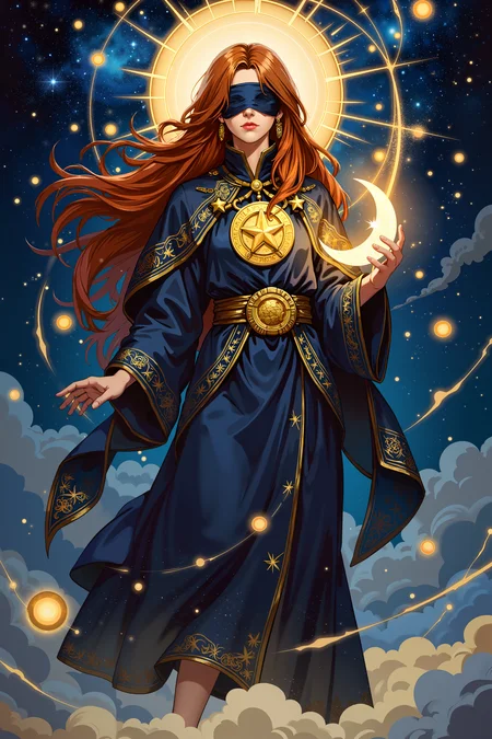 The central figure is a female with long, flowing, reddish-brown hair that cascades down her body like a celestial waterfall. She is dressed in a flowing, dark blue robe adorned with golden stars and a large, circular golden pendant on her chest. Her face is partially obscured by her hair, adding a sense of mystery and otherworldliness.The background is a deep, rich blue, dotted with various shades of blue and white, creating a starry night sky effect. She also wears a deep blue blindfold. Circular, glowing orbs of various sizes and intensities are scattered throughout the background, enhancing the celestial theme. The figure stands in a swirling, ethereal mist that gives the impression of being in a dream or a fantasy realm.A radiant golden halo surrounds her head, emanating from the top, adding a divine or angelic aura to her appearance. The hair and robe are intricately detailed, with a glossy, almost wet texture that contrasts with the dry, wispy texture of the mist. She is holding a crescent moon shaped object that is glowing with subtle golden light. The overall composition is dynamic, with the figure standing slightly off-center, and the swirling mist adding motion to the image.<lora:XRSTYLE_FLUX:0.5><lora:RetroAnimeFluxV1:0.4><lora:MoriiMee_Gothic_Niji_Style_FLUX:0.3>
