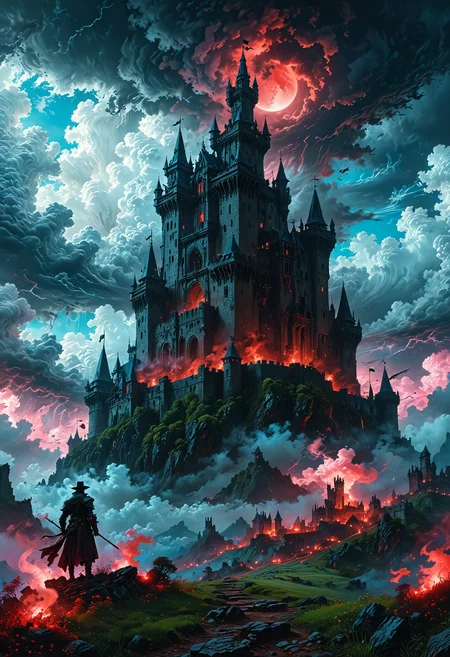 (masterpiece, best quality, high quality), oil painting, wide angle, (medieval castle on a hill:1.2)  (powerful clouds) (vaporwave aesthetic:1.2), horror, Victorian, bloodborne, fantasy, blood moon,
<lora:DonM3t3rn1tyXL-v1.1:0.7>, DonM3t3rn1tyXL,
OverallDetailXL  <lora:MJ52:0.3>  <lora:SDXLFaeTastic2400:0.4>  <lora:EpicF4nta5yXL:0.7>