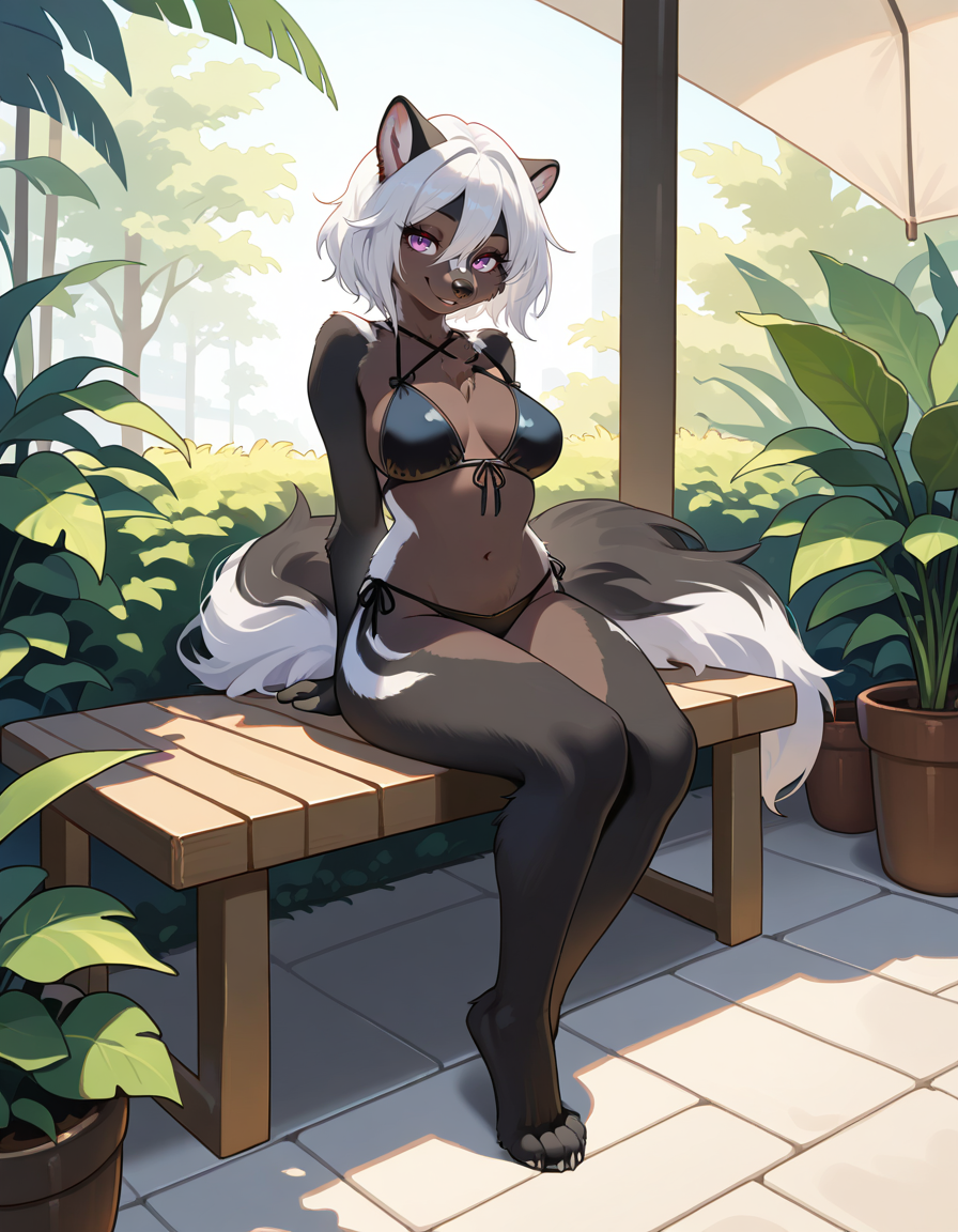 masterpiece, best quality, very aesthetic, absurdres,
outdoors,
full body, seductive smile, parted lips, long eyelashes,
 <lora:Vanessa_v01_NAIXL:1>
V4n3554,1girl,solo,furry,furry female,animal ears,short hair,white hair,hair between eyes,purple eyes,snout,animal nose,body fur,two-tone fur,black fur,white fur,tail,