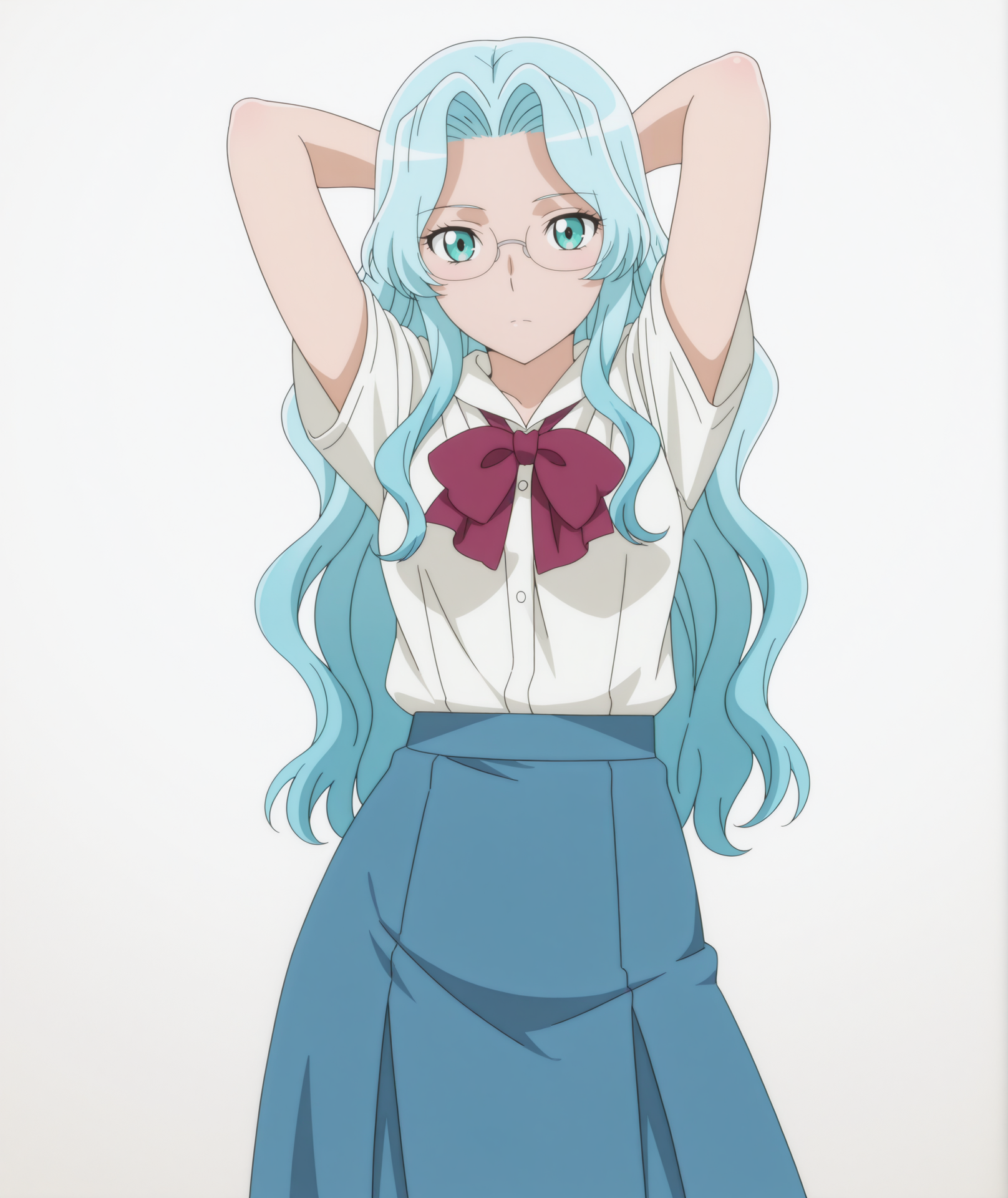 official art, absurdres, highres, anime coloring, hi res, best quality, masterpiece, 2d, intricate details, 4k, shadow, 
1girl, solo, female, eyelashes, nose, long hair, blue eyes, blue hair, hair intakes, wavy hair, shiny hair, aqua eyes,
rimless eyewear, glasses, 
school uniform, shirt, short sleeves, white legwear, white shirt, tokyo-3 middle school uniform, cosplay, alternate costume, 
cowboy shot, contrapposto, arms behind head, 
depth of field, white background, <lora:Eva_Aensland_(Character)_ILXL:1>