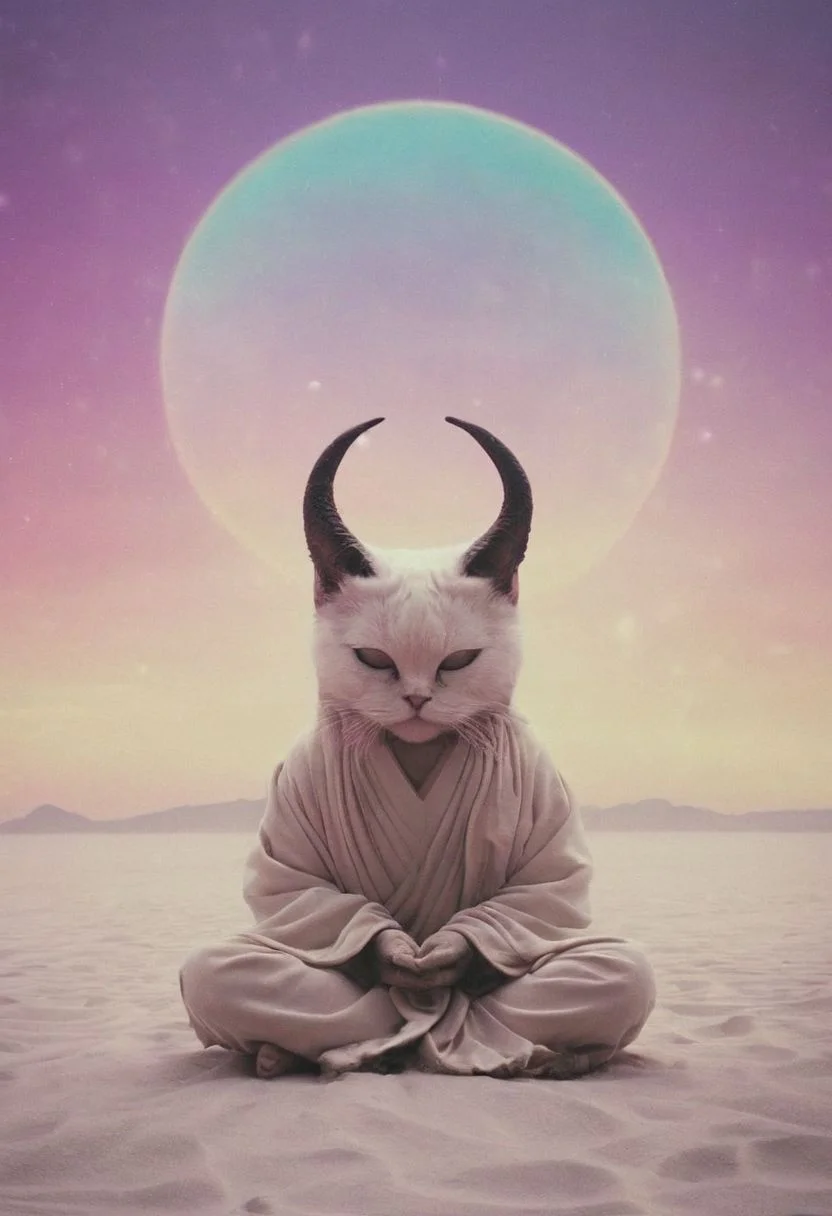Capturing serenity amidst boundless solitude: a powerful image of a fluffy ninja cat with horned devil mask, draped in flowing feudal garb, large sedge-hat, meditating in lotus position upon an endless, sunless expanse. As she hovers, an aura emanates from her, growing in intensity as it extends beyond her Till it explodes in the far, reminiscent of expanding ripples of sound. The neon hues of her aura paint the air, a vivid testament to her inner strength and focus.
creating a surreal normal scene with translucent white and beige-purple details, colorful (polaroid:0.7) with vibrant colors, (vacations, high resolution:1.3), (small, selective focus, european film:1.2), closeup