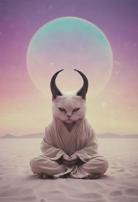 Capturing serenity amidst boundless solitude: a powerful image of a fluffy ninja cat with horned devil mask, draped in flowing feudal garb, large sedge-hat, meditating in lotus position upon an endless, sunless expanse. As she hovers, an aura emanates from her, growing in intensity as it extends beyond her Till it explodes in the far, reminiscent of expanding ripples of sound. The neon hues of her aura paint the air, a vivid testament to her inner strength and focus.
creating a surreal normal scene with translucent white and beige-purple details, colorful (polaroid:0.7) with vibrant colors, (vacations, high resolution:1.3), (small, selective focus, european film:1.2), closeup