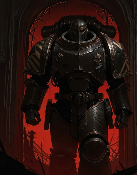 masterpiece, best quality,high quality, newest, highres,8K,HDR,absurdres, dynamic angle, realistic, 1boy, IronW40k, power armor, solo, helmet, broken window, silhouette, creepy, backlit, haunted, dutch angle, red eyes, dark interior, solo, close up, mid shot, dutch angle, <lora:ILLIronW40k:1>