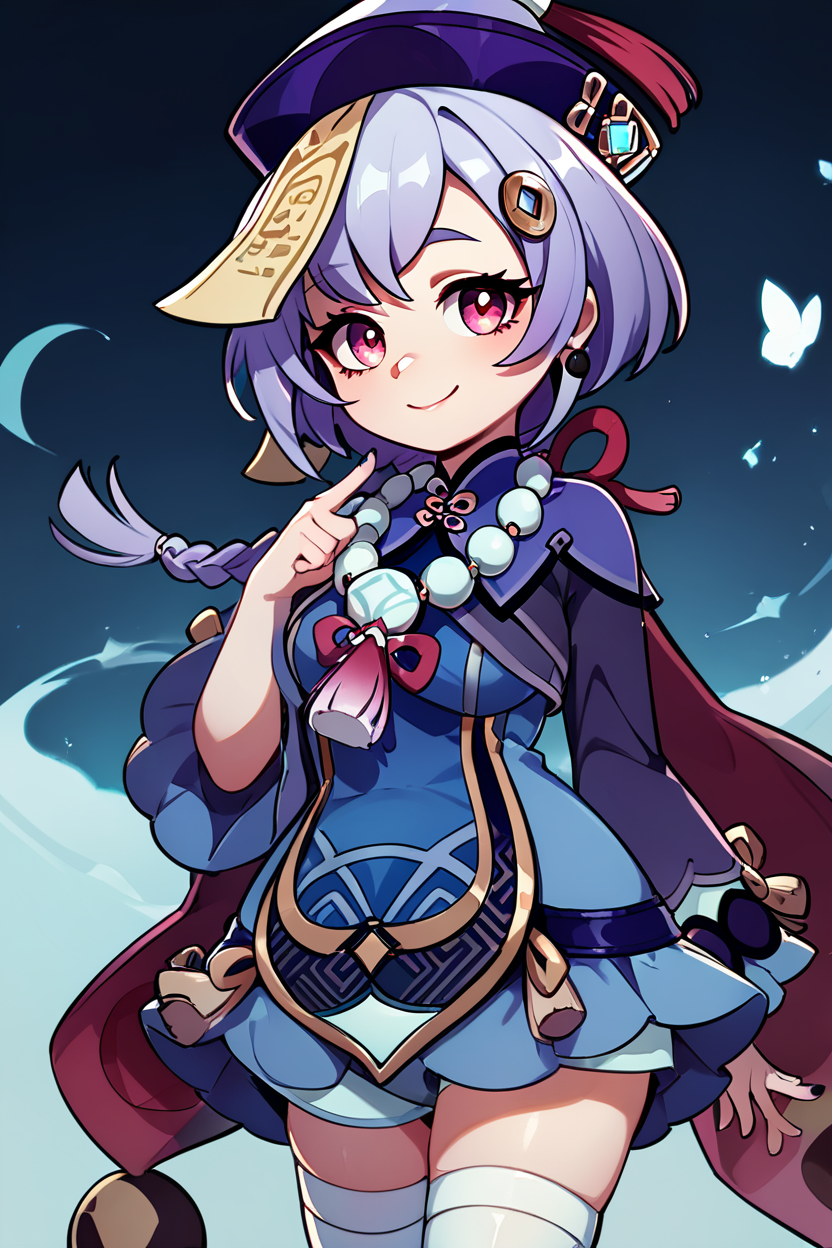 score_9, score_8_up, score_8, medium breasts, (curvy), cute, eyelashes,       ,,, , ,,, zzQiqi, braid, long hair, red eyes, hair ornament, earrings,   ofuda, qingdai guanmao, jiangshi, long sleeves, bead necklace, wide sleeves, white thighhighs, dress, <lora:Qiqi_Genshin_PDXL_v2:1.0>,     ,,,, BREAK, <lora:GoldenCAT_Lora_PDXL_v2:0.8>, smile, closed mouth, looking at viewer, cowboy shot, ,,, embedding:zPDXL, Expressiveh, ,,, <lora:Expressive_H-000001:0.4>,