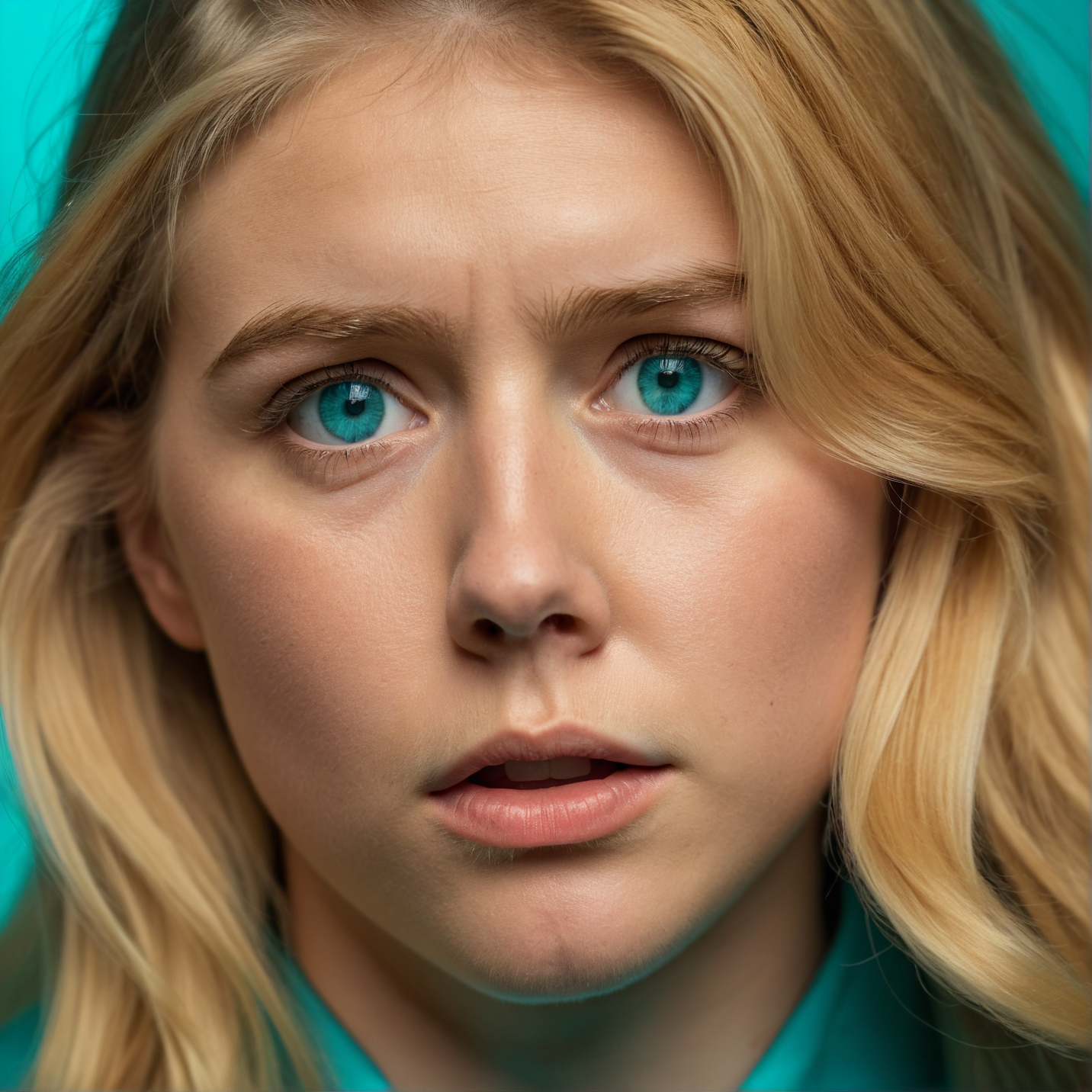 RAW photograph, Danish woman, 25 years old, golden blonde hair, aqua eyes,  medium close-up shot,  profile shot, frightened expression, neutral uniform photostudio background, highly detailed, professional, soft volumetric lighting,  photographed on a Canon EOS R5, 50mm lens, F/2.8, HDR, 8k resolution, highres, high detail,
