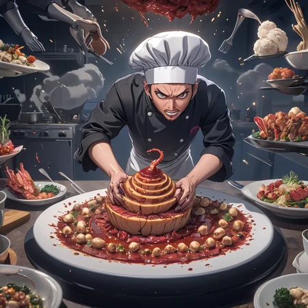<lora:ArsMJStyle_-_AnimeBSDXL:1> ArsMJStyle, AnimeB , A quirky cooking competition where chefs battle with food-based superpowers, their dishes coming to life in fantastical ways. Hyper-detailed food imagery mixed with over-the-top reactions.