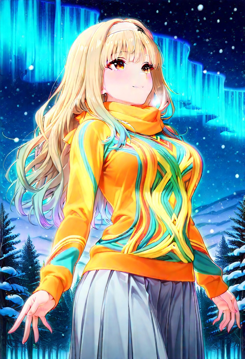 masterpiece, best quality, amazing quality, very aesthetic, absurdres, aurora background, snowing, mad-cable, outdoors, modest, cowboy shot, looking up,
BREAK 
1girl, KijHyou, brown eyes, blonde hair, long hair, white hairband, wavy hair, colorful cable sweater,, beautiful smile, long sleeves, scarf, long skirt, closed mouth, beautiful eyes, open hands,