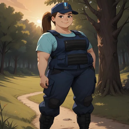 score_9, score_8, BREAK, solo, body armor, 1girl, light cyan shirt, dark blue cargo pants, boots, plump, brown hair, ponytail, black eyes, cap with a symbol, breasts, total drama, MacArthur_(Total_Drama), tdtrr, cute, sexy pose, self portrait, smile, outdoors, sunlight, shadows, evening lighting, natural lighting, forest, trees, grass, orange sky, sunset