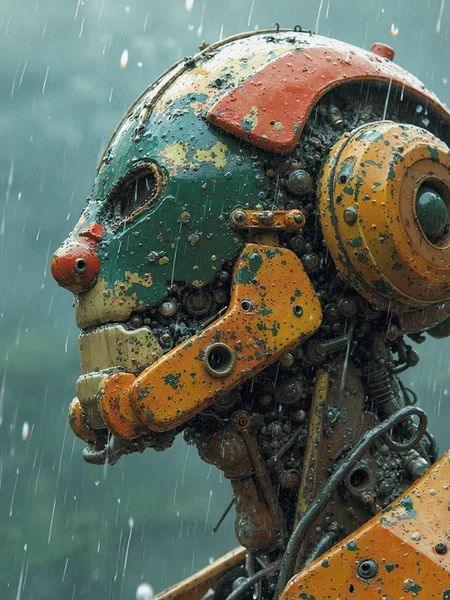 In a distant galaxy, a behemoth of a mech titan lies defeated, its once-mighty body now a twisted mass of rusted steel and shattered glass. The extreme close-up reveals the intricate details of this technological monstrosity, as if seen through the lens of a camera, with every jagged edge and broken plate magnified to an unsettling degree. Rain lashes down upon the Titan's face, casting an otherworldly glow as the storm approaches. The mech's eyes, two empty sockets of glass, seem to stare back at us, its expression a sorrowful mixture of defeat, <lora:Flux_Turbo_Alpha.safetensors:1.0> <lora:xijie_crayon-20.safetensors:0.25> xijie_crayon cute crayon drawing <lora:Flux DetailerV2.safetensors:0.8> detailed