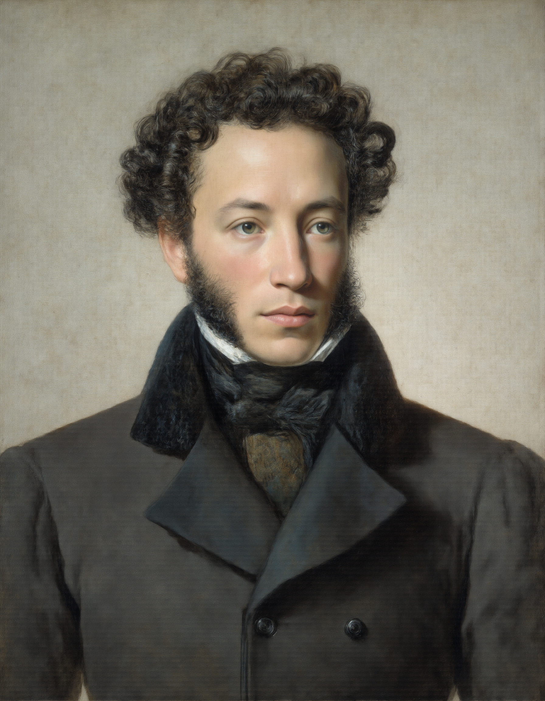 <lora:Dark_Fantasy_Pulp_Pinup:1>, <lora:pushk1n:1>Realistic portrait of Alexander Pushkin, Russian poet and writer, in his early 30s. Sharp intelligent gaze, dark expressive eyes, clean-shaven face with a hint of stubble, wearing a dark 19th-century military-style coat with buttons and a high collar. Soft classical lighting, neutral background with subtle historical atmosphere. Emphasize his noble posture and penetrating gaze. Oil painting style, highly detailed.