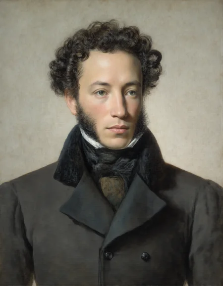 <lora:Dark_Fantasy_Pulp_Pinup:1>, <lora:pushk1n:1>Realistic portrait of Alexander Pushkin, Russian poet and writer, in his early 30s. Sharp intelligent gaze, dark expressive eyes, clean-shaven face with a hint of stubble, wearing a dark 19th-century military-style coat with buttons and a high collar. Soft classical lighting, neutral background with subtle historical atmosphere. Emphasize his noble posture and penetrating gaze. Oil painting style, highly detailed.