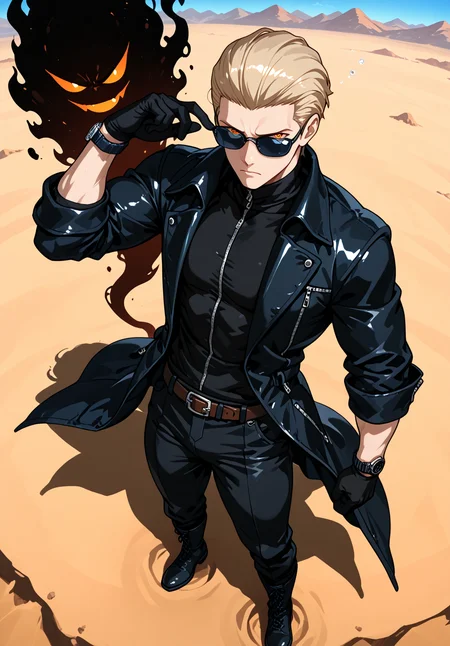 IllusP0s, source_anime, ah1, IllustriousQual, interesting, exciting, spectacular, wonderful, amazing quality, absolutely eye-catching, very awa,
BREAK <lora:xl_more_art-full_v1:0.2>, <lora:aesthetic_anime_v1s:0.2>,<lora:detailxl:0.2>, detailxl, amazing quality, best aesthetic, absurdres, illustration, Volumetric_Lighting, ultra-detailed, very aesthetic, intricate details, best_quality, lazympos, <lora:Add_Details_v1.2:0.2>, <lora:quality_modifiers_masterpieces_v1:0.2>, <lora:ZootPonyAnime_V1_r2:0.2>, <lora:Bestifacator2:0.2>, anime style,
BREAK (((Tendrils of dark, smoky energy emanate from a man's body, swirling around him like a living shadow, The air grows cold and heavy wherever the shadows touch))), <lora:DynamicPoseIL2att_alpha1.0_rank4_noxattn_900steps:0.8>, dynamic pose,
BREAK Stable_Yogis_PDXL_Positives, AS-Adult, <lora:Complicated fantasy portrait - XL Pony V2.0:0.2>, <lora:HDA_Detailer:0.3>, AS-MidAged, (((Eye-level angle, (from back), waist focus))),
BREAK (((<lora:albertwesker-guy-PONYv1:0.8>, albertwesker, 1boy, toned, athletic, fit, mature male))), <lora:shinyskin2:0.2>, glistening skin, <lora:perfection style:0.2>, perfection style, perfection,
BREAK (((black gloves, watch, belt, black coat, black pants, black turtleneck, zipper, black boots))), ((sunglasses:1.3)),
BREAK ((slicked back hair, (short hair:1.7), blonde)), <lora:hairdetailpxl:0.2>, hairdetailpxl,
BREAK ((angular face, sharp_featured face, handsome, charming, alluring)), slit pupils, orange eyes, expressive eyes, perfecteyes, EyesHD, <lora:Eyes_Lora_Pony_Perfect_eyes:0.2>,
BREAK (((sleepy))), <lora:Expressive_H:0.2>, Expressiveh, <lora:Emotional_Anime_Expressions_PonyXL_Concept:0.2>, emotional, <lora:Best_Facial_Expression_LoRA_PONY:0.2>, looking at viewer, <lora:Detailed expressive EXEV style -XL Pony V1.0:0.2>, FaceDetail,
BREAK (((Australia, the great sandy desert, a vast desert region spanning western australia and the northern territory))), <lora:Background Detailer - SDXL:0.2>, 4k, 8k, Ultra HD, Masterpiece, Best quality, Detailed background, foreshortening, extreme perspective, <lora:Add_more_details_V2_XLpony:0.2> full_details, <lora:background-type1:0.2>, <lora:AddMicroDetails_Illustrious_v3:0.2>, addmicrodetails, SmoothNoob_Quality,