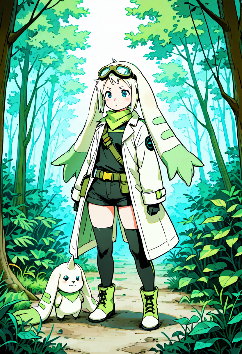 masterpiece, best quality, 1girl, solo,    zzTerriermon,  1girl, solo, digital explorer outfit, cream jacket, green detailing, short pants, belt pouch, goggles on head, gloves, thighhigh boots, green scarf, long coat flaps, forest ruins, determined expression, full body A utility-style outfit with a light cream jacket layered over a black undershirt. Green tech lines decorate the sleeves and back. Her boots rise high with green accents, and a matching scarf flutters behind her. Large, floppy coat panels mimic Terriermonâs ears, and a single shoulder patch bears a digital crest. She stands at the edge of overgrown ruins, scanning the horizon.    ,<lora:TerriermonDigimon_IXL:1.0>,