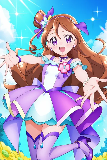 <lora:Kimi_to_Idol_Precure:1>, Kimi_to_Idol_Precure, 1girl, solo, jewelry, flower, smile, necklace, open mouth, dress, purple footwear, looking at viewer, choker, blush, outstretched arms, ribbon, hair ornament, pearl necklace, high heels, :d, collarbone, purple ribbon, thighhighs, outdoors, sky,