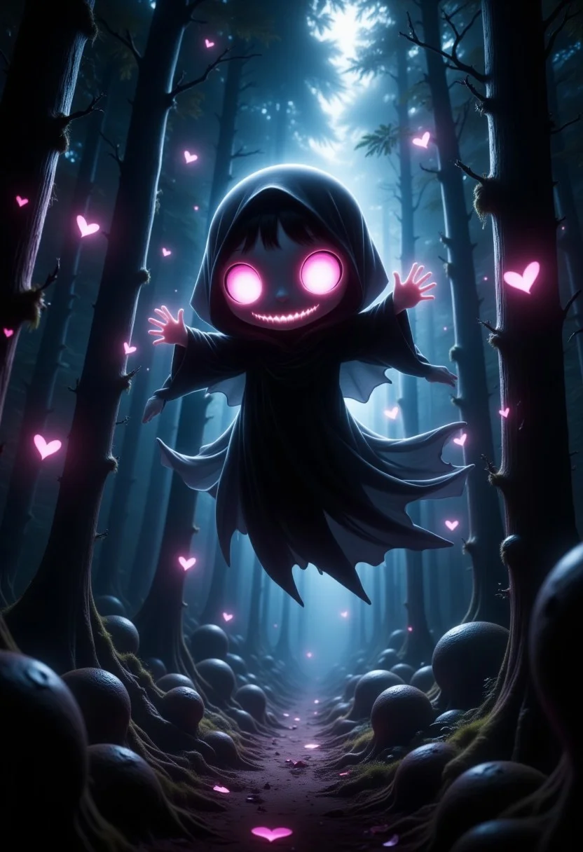 cute chibi the reaper with huge eyes flyling through a dark forrest