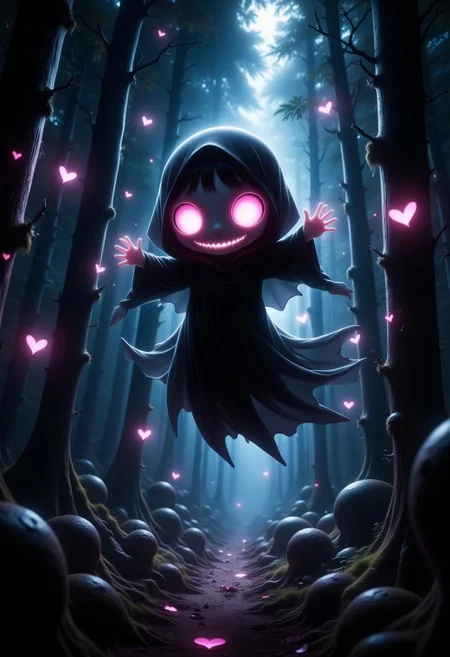 cute chibi the reaper with huge eyes flyling through a dark forrest