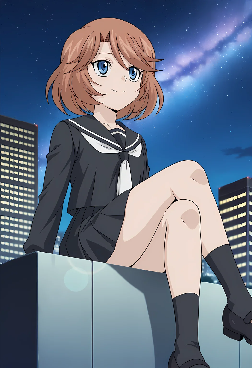 masterpiece,best quality,amazing quality,
1girl, solo, face focus,
Emi Sendou (Cardfight Vanguard), short hair, brown hair, blue eyes, school uniform, black serafuku, black skirt, pleated skirt, white neckerchief, long sleeves, pleated skirt, black footwear, mary janes,
looking up, smile,
cinematic, cross legs, crossing legs,
Outdoors, night, On top skyscraper, galaxy sky,
Lens flare, bloom,
Official style, anime screencap, anime coloring,
