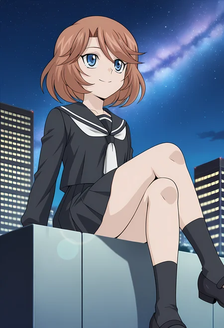 masterpiece,best quality,amazing quality,
1girl, solo, face focus,
Emi Sendou (Cardfight Vanguard), short hair, brown hair, blue eyes, school uniform, black serafuku, black skirt, pleated skirt, white neckerchief, long sleeves, pleated skirt, black footwear, mary janes,
looking up, smile,
cinematic, cross legs, crossing legs,
Outdoors, night, On top skyscraper, galaxy sky,
Lens flare, bloom,
Official style, anime screencap, anime coloring,