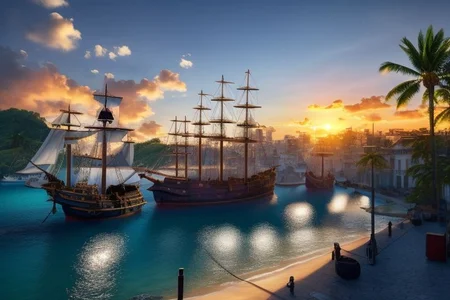 (masterpiece:1.2), (best quality,:1.2), 8k, HDR, ultra detailed, ((photorealistic)), A landscape view of a a city by the sea in the afternoon. Pirate ships docked unloading cargo, outside a tavern over looking a busy harbor in the caribbean, waving palm trees. afternoon sun, blue sky, calm sea, no people, professional light, cinematic lighting, ambient lighting, sunset,