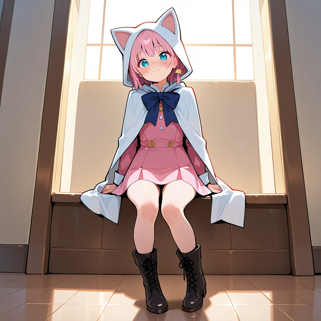 masterpiece, best quality, amazing quality, newest, <lora:Devout_cos_Illustrious:1>.Devout_cos,cat hood,pink dress,white cape,bow,skirt,boots