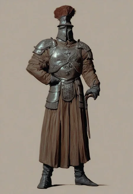 absurdres, hires, score_9, score_8_up, score_7_up, painterly, faux traditional media, renaissance, (full body, from the front), European male, tall and muscular, standing proud,sixteenth century, Spanish musketeer with ornate breastplate, helmet, holding a long musket , (late medieval European city background)