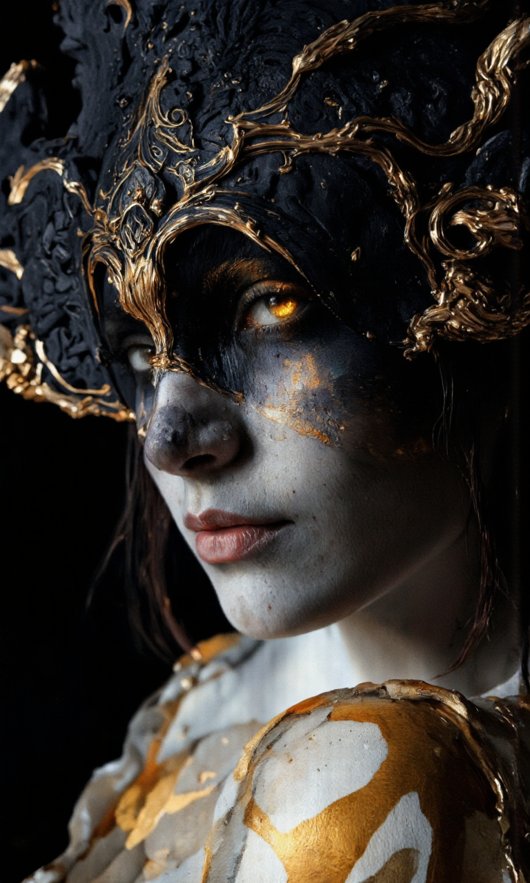 Art by Anato Finnstark. A ultra close-up digital painting of a eye woman's, captured from a close up camera angle, showcasing a striking and dramatic portrait of a dark-skinned female figure with striking features. the subject is positioned in the middle of the image, looking directly at the viewer with a striking golden eye that is the focal point of the composition. the woman has long, dark hair and is wearing a dark, ornate headpiece with intricate details, which adds to her regal appearance. her face is painted with a blend of white and gold tones, creating a dramatic and ethereal atmosphere, with a glossy texture that reflects the light and highlights her features. her expression is intense and focused, with tears of gold in her eyes, adding to the dramatic effect. her eyelashes are long and dark, and her eyelid is slightly curled, giving her a mysterious and powerful appearance. the background is dark and out of focus, allowing the focus to be on her face and upper body. the overall effect is one of intense and dramatic beauty, with the gold and black tones blending together to create a striking contrast.