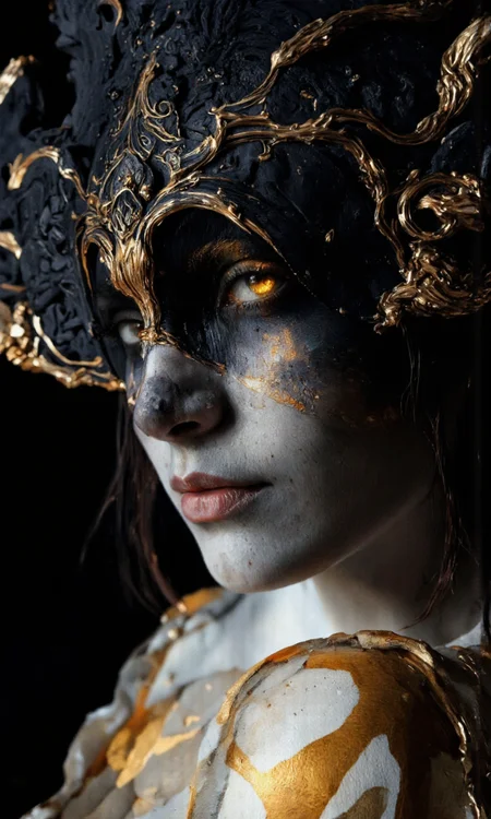 Art by Anato Finnstark. A ultra close-up digital painting of a eye woman's, captured from a close up camera angle, showcasing a striking and dramatic portrait of a dark-skinned female figure with striking features. the subject is positioned in the middle of the image, looking directly at the viewer with a striking golden eye that is the focal point of the composition. the woman has long, dark hair and is wearing a dark, ornate headpiece with intricate details, which adds to her regal appearance. her face is painted with a blend of white and gold tones, creating a dramatic and ethereal atmosphere, with a glossy texture that reflects the light and highlights her features. her expression is intense and focused, with tears of gold in her eyes, adding to the dramatic effect. her eyelashes are long and dark, and her eyelid is slightly curled, giving her a mysterious and powerful appearance. the background is dark and out of focus, allowing the focus to be on her face and upper body. the overall effect is one of intense and dramatic beauty, with the gold and black tones blending together to create a striking contrast.
