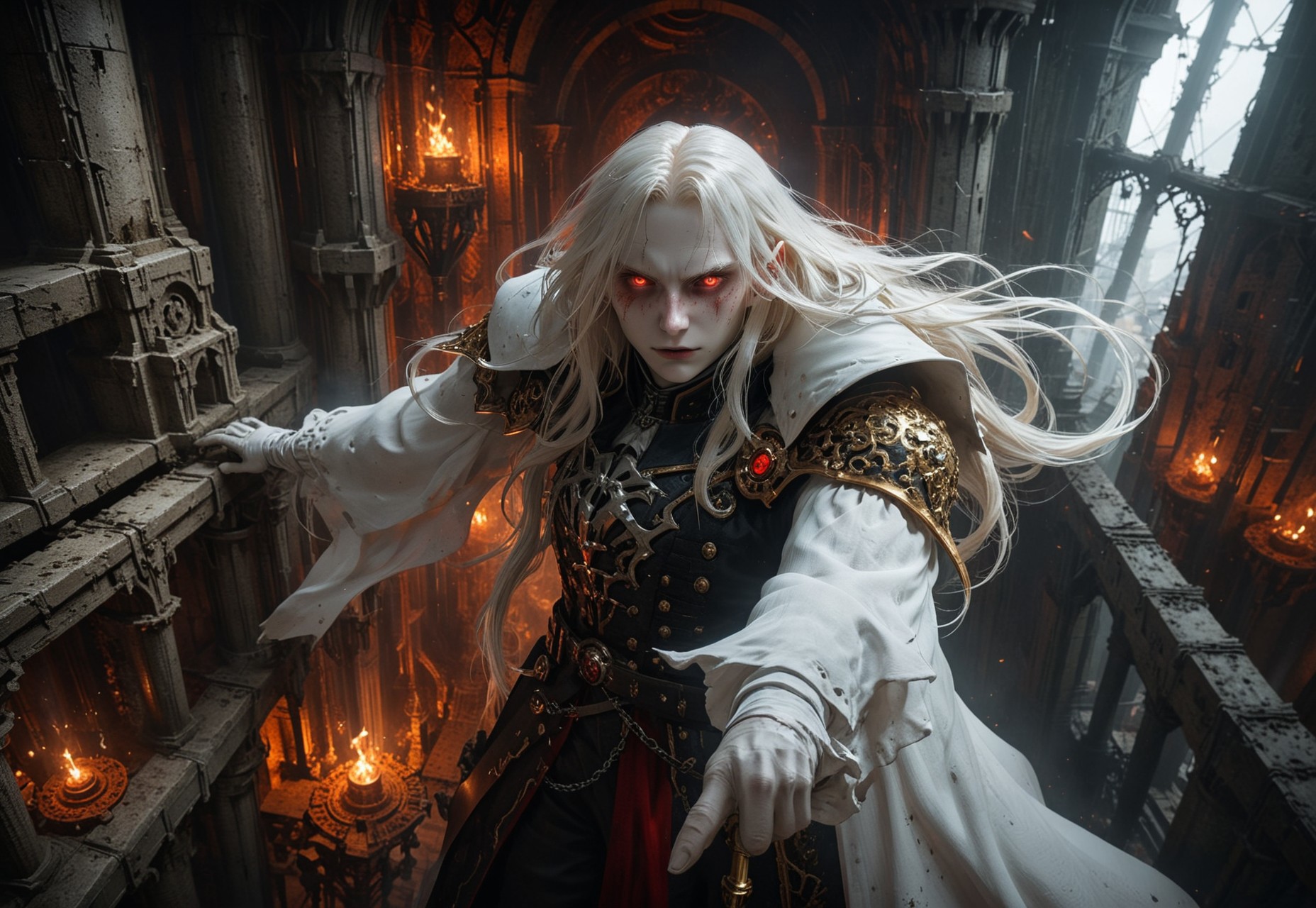 ((Extreme close-up of Alucard with long flowing white hair while standing on a catwalk inside an intricate (floorless tower high above the ground:1.8) with a complex configuration of numerous interlocking gears)), 

video game character, vampire, Castlevania, Symphony of the Night, SOTN, glowing rapier, long flowing white hair, radiant lighting, vibrant red cloak, confident, bold, stately, very pale skin, powder white skin, (pale face:2.5), glowing eyes, fiery eyes, v-shaped face, rugged, (grizzled:1.5), 

extremely detailed background, floorless tower, interior, interlocking gears, cogs, pendulums, wheels, wooden shafts, mechanisms, (background focus:1.5), 

eye catching, 

ral-exposure, motion blur, (motion blur fingers, motion blur feet:1.25), 

dynamic shot, viewed from the side, distant view, 
hyperdetailed realistic illustration, intricately detailed, highest quality, implied motion, motion streaks, motion lines, 

BREAK, ultra level of detail and precision in the art, masterpiece, absurdres, mixed media, (lineart:1.6), digtal art, detailed shading, ray-traced, 
intense mood, gritty, grimdark, 
subsurface scattering, (light leaks, lens flare, crepuscular rays, sunbeams, halo effects:1.3), (broken jagged rainbow optical rings:1.1), global illumination, ambient occlusion, soft shadows, film grain, Dutch angle, cinematic composition, (mystic haze, dusty atmosphere:1.2), HDR, complementary colors, (vibrant colors, colorful palette:1.1), (fisheye lens:1.8), 
