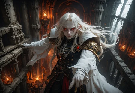 ((Extreme close-up of Alucard with long flowing white hair while standing on a catwalk inside an intricate (floorless tower high above the ground:1.8) with a complex configuration of numerous interlocking gears)), 

video game character, vampire, Castlevania, Symphony of the Night, SOTN, glowing rapier, long flowing white hair, radiant lighting, vibrant red cloak, confident, bold, stately, very pale skin, powder white skin, (pale face:2.5), glowing eyes, fiery eyes, v-shaped face, rugged, (grizzled:1.5), 

extremely detailed background, floorless tower, interior, interlocking gears, cogs, pendulums, wheels, wooden shafts, mechanisms, (background focus:1.5), 

eye catching, 

ral-exposure, motion blur, (motion blur fingers, motion blur feet:1.25), 

dynamic shot, viewed from the side, distant view, 
hyperdetailed realistic illustration, intricately detailed, highest quality, implied motion, motion streaks, motion lines, 

BREAK, ultra level of detail and precision in the art, masterpiece, absurdres, mixed media, (lineart:1.6), digtal art, detailed shading, ray-traced, 
intense mood, gritty, grimdark, 
subsurface scattering, (light leaks, lens flare, crepuscular rays, sunbeams, halo effects:1.3), (broken jagged rainbow optical rings:1.1), global illumination, ambient occlusion, soft shadows, film grain, Dutch angle, cinematic composition, (mystic haze, dusty atmosphere:1.2), HDR, complementary colors, (vibrant colors, colorful palette:1.1), (fisheye lens:1.8), 