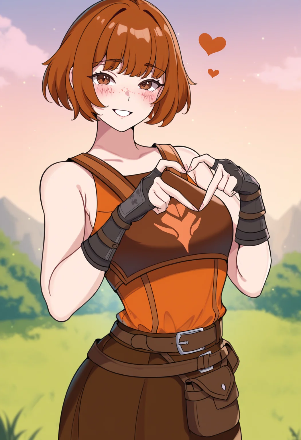 masterpiece, best quality, 1girl, solo, <lora:NSDorothyFE6NoobAi:1> NSDorothyFE6, freckles, brown hair, short hair, brown eyes, black fingerless gloves, armor, orange shirt, sleeveless, belt, pants under skirt, brown skirt, pants, heart hands, smile, blush, smile, outdoors, looking at viewer