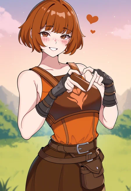 masterpiece, best quality, 1girl, solo, <lora:NSDorothyFE6NoobAi:1> NSDorothyFE6, freckles, brown hair, short hair, brown eyes, black fingerless gloves, armor, orange shirt, sleeveless, belt, pants under skirt, brown skirt, pants, heart hands, smile, blush, smile, outdoors, looking at viewer