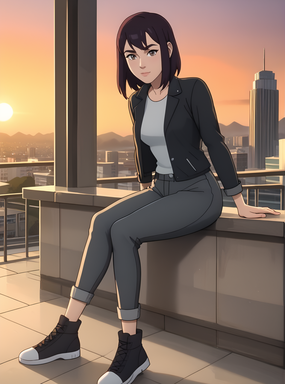 <lora:maddiekpxl:1>, maddiekpxl ,1girl, sitting on ledge of building, sunset, cartoon,