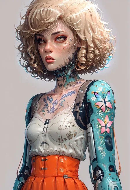 score_9,score_8_up,score_7_up,score_6_up,score_5_up,score_4_up,1 girl,solo,female focus,looking at the spectator,(Square face, light brown eyes, slightly full lips, short curly blonde hair, 5'5", 122 lbs, medium breasts, narrow waist, fit physique, a butterfly tattoo on the collarbone, fair skin with freckles, pronounced cheekbones, and a small cleft in the chin.:1.3),(A lavender lace bra teamed with a pastel pink puffy mini skirt, completed with soft lavender high heels on a platform, with delicate lace patterns and a skirt made of high-quality tulle, creating a romantic and dreamy look.:1.3),(plain contrasting background:1.3),(full-length:1.5),hands,Perfect hand,Perfect feet,Perfect eyes,cyb0rg,science fiction,cable,mechanical parts,<lora:feet v3:1>,<lora:hand 4:1>,<lora:PerfectEyesXL:1>,zPDXL2,zPDXLpg,<lora:cyb0rgXLP:0.8>,<lora:add-detail-xl:1>,<lora:DP-Pony:1>,p33rs,<lora:incase-ilff-v3-4:0.2>,