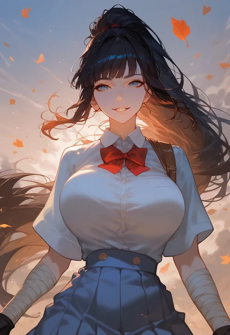 score_9, score_8_up, score_8_up, waist up, front view, summer day, 1girl, young and cute, school uniform, powerful pose, smile, standing on the street, pale skin, bandage on arms, fingerless gloves, dark hair, long ponytail, thin bang, parted lips, looking at viewer, smooth skin, tilted angle, low light, Expressiveh, perfect body, large breast, bouncing breast, hurricane background, flying leaves, flying sakura,
Expressiveh, realistic, g0th1c,
